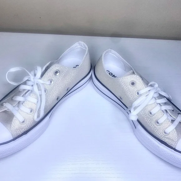 Converse Women's All Star Ox Lift Gold/Cream Sparkling Canvas Platform Sneakers - Picture 12 of 16